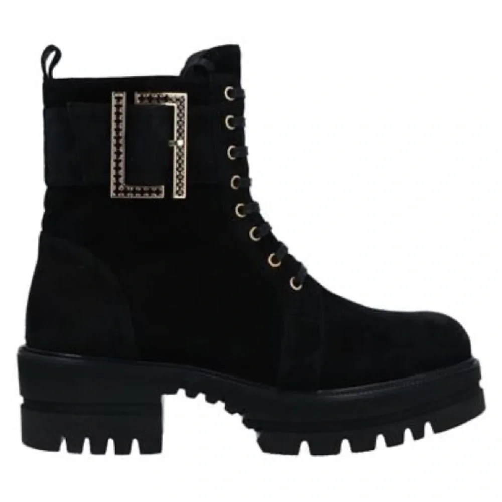 Loriblu | Black Ankle Combat Boots With Gold Buckle Detail Size 41 Made In Italy